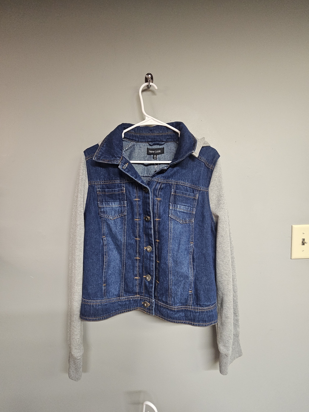 New Look Blue Denim Jean Jacket with Light Gray Knit Sleeves Women's Xl